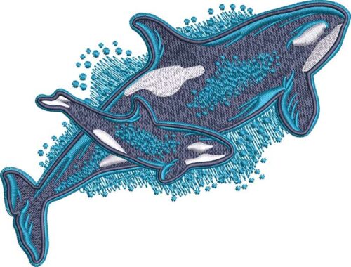Mama and baby orca embroidery design