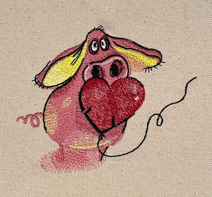 Funny pigs heart embroidery design