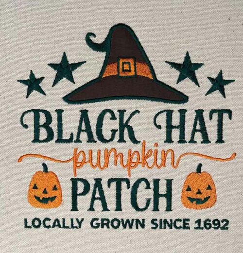 Black hat pumpkin patch embroidery design