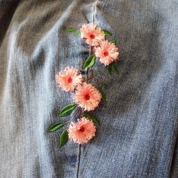 Jeans With Pink Flower Embroidery Design