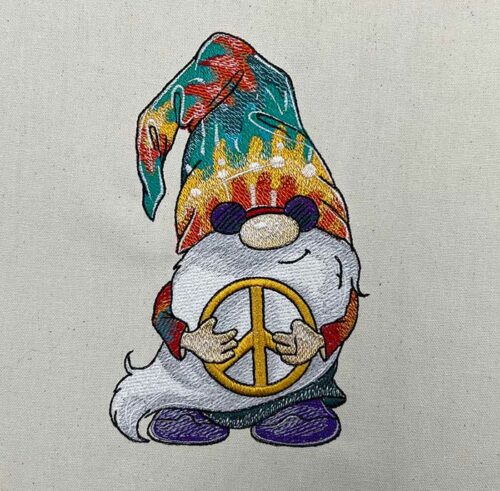 Hippie gnome with peace symbol embroidery design