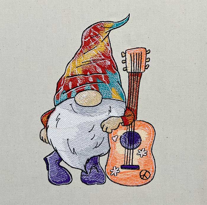 Hippie gnome with guitar embroidery design