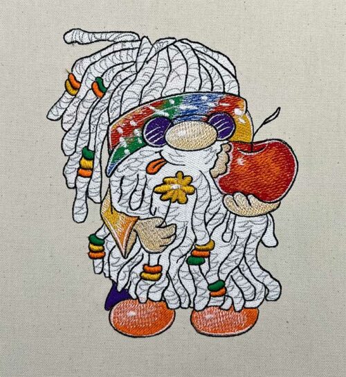 Hippie gnome with apple embroidery design