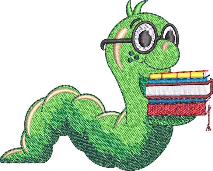 Embroidery Design: Bookworm Cartoon 3 sizes