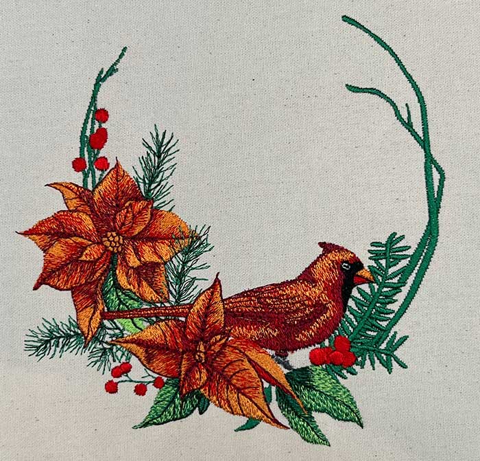Cardinal Poinsettia wreath embroidery design