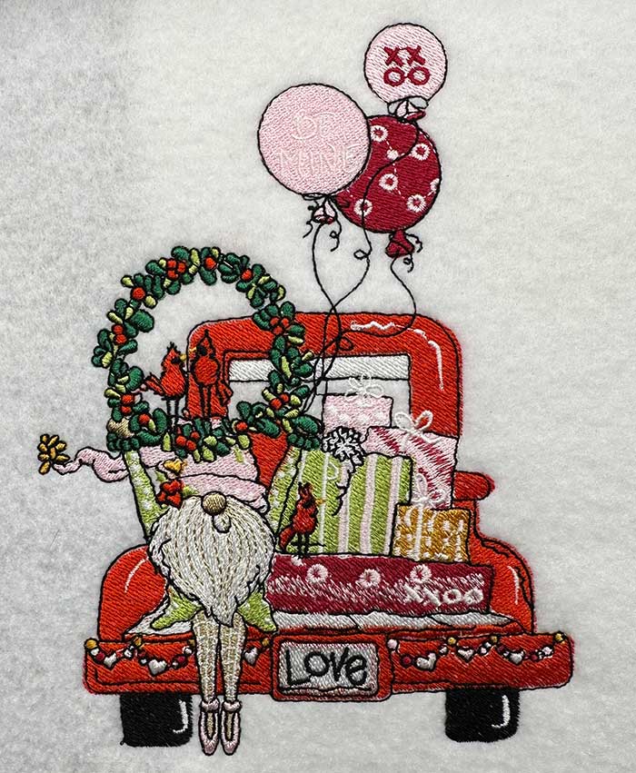 Valentine Truck Gnome embroidery design