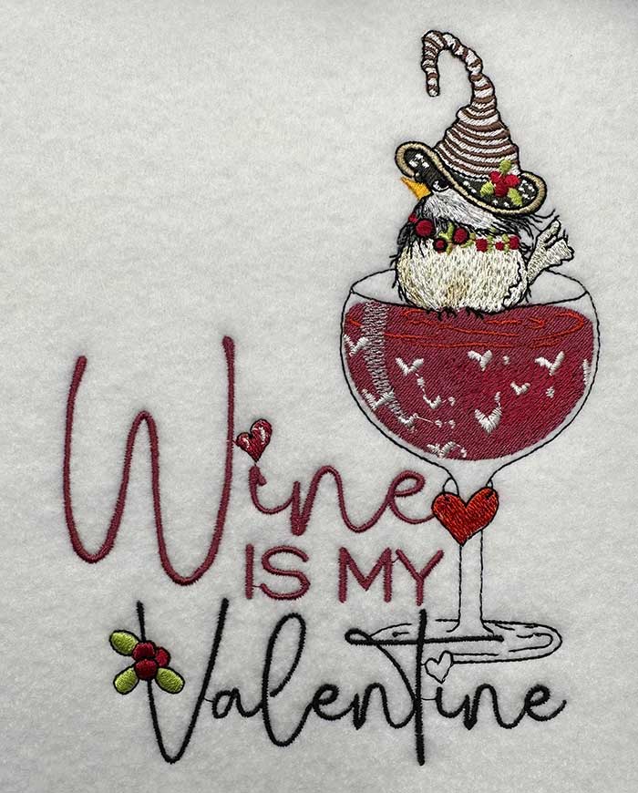 Wine Valentine Chickadee embroidery design