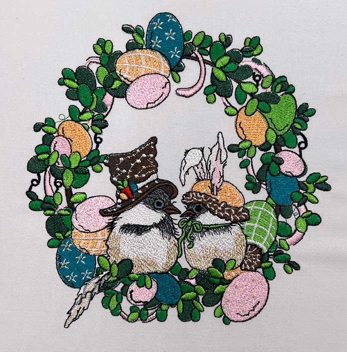 Easter chickadee wreath embroidery design