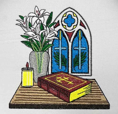 bible and lilies embroidery design