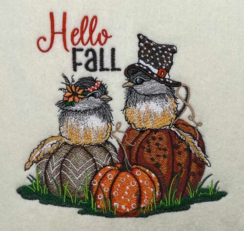 Hello Fall chickadees embroidery design