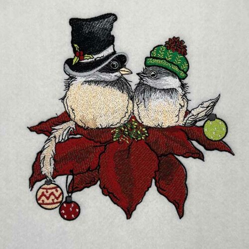 chickadee couple on poinsettia embroidery design